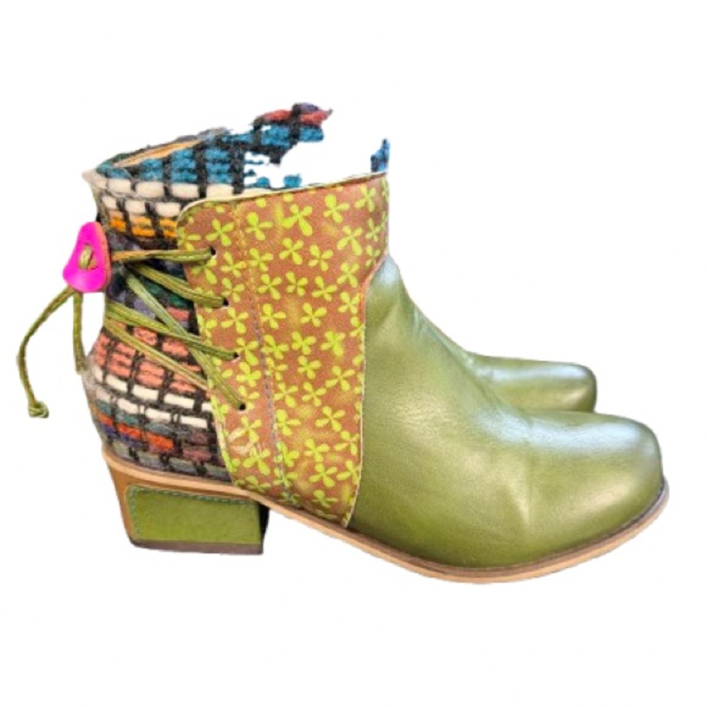 Whimsical Patchwork Boots Leather Wool Colorful C… - image 4